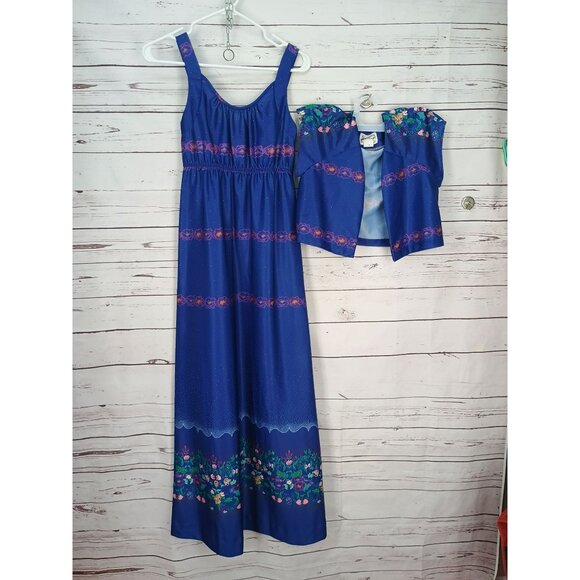 Vintage Tropicana Hawaii Blue Floral Maxi Dress & Bolero Jacket Set - Picture 4 of 6